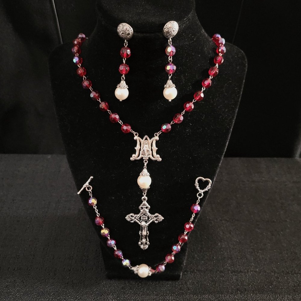 3-Piece Silver Tone Rosary Jewelry Set with Red Aurora Borealis Glass Beads